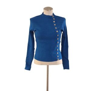 RIHOAS Womens Blue Ribbed Mock Neck Asymmetrical Button Front Sweater Size M NEW